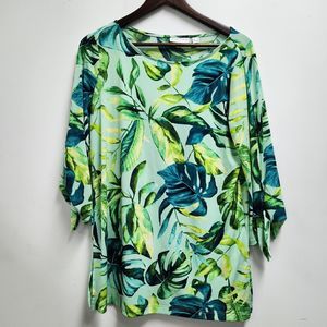 Susan Graver Womens Liquid Knit Tunic Top Size M Green Floral Tie Sleeves
